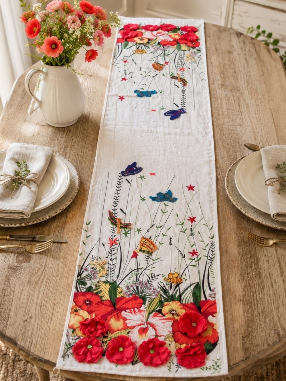 Handmade Embroidered Floral Table Runner 3D Appliqué